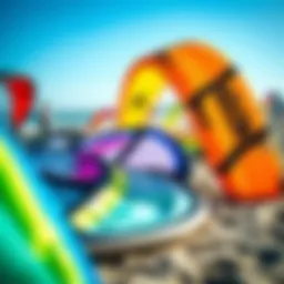 A detailed view of various kitesurfing kites laid out on the beach