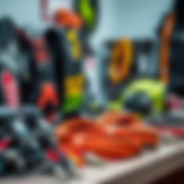 Kitesurfing Accessories Showcase A variety of kitesurfing accessories displayed on a table, including harnesses and lines