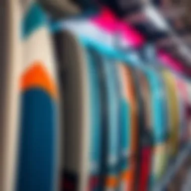 Kitesurfing Boards Display An array of kitesurfing boards showcased on a surf shop rack