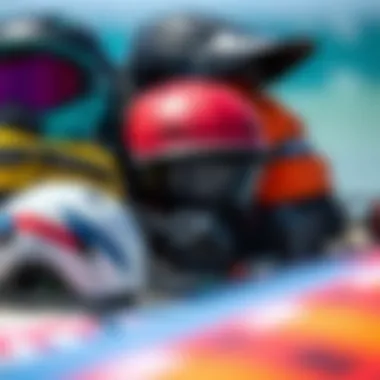 Essential Kitesurfing Safety Gear A close-up of essential safety gear for kitesurfing including helmets and impact vests