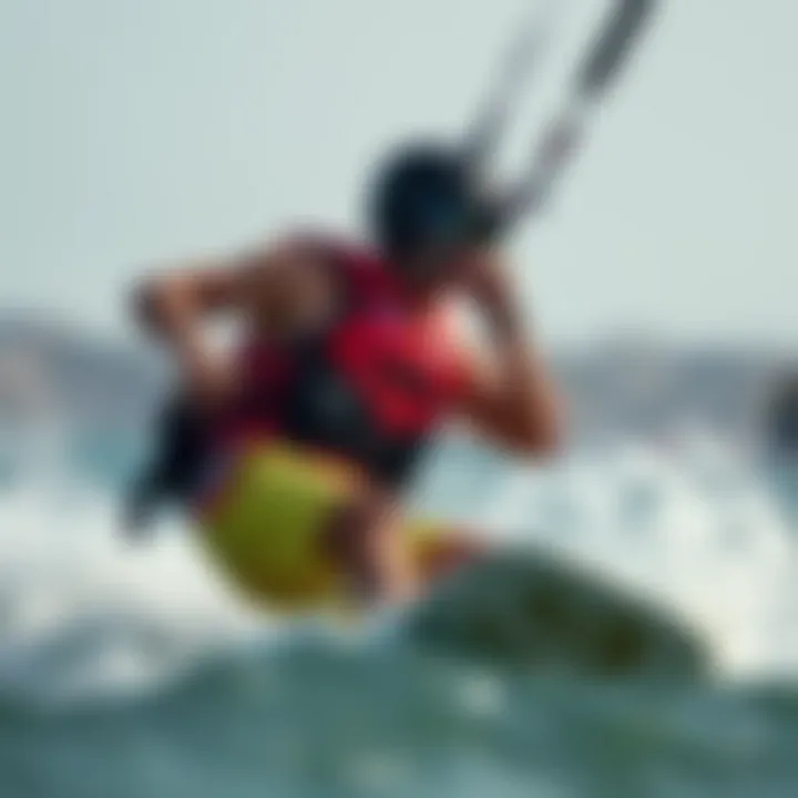 Kiteboarding with Safety Gear in Action Kiteboarder wearing a life jacket while navigating through waves