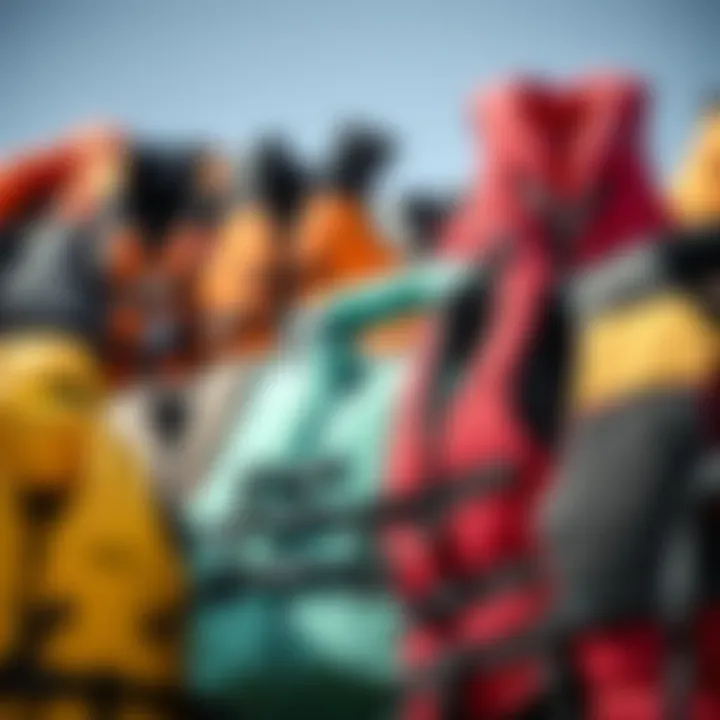 Diverse Life Jackets for Kiteboarding Variety of life jackets for kiteboarding in different colors and styles