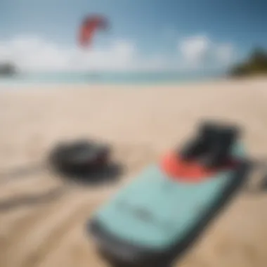 Essential kitesurfing equipment laid out on the sand