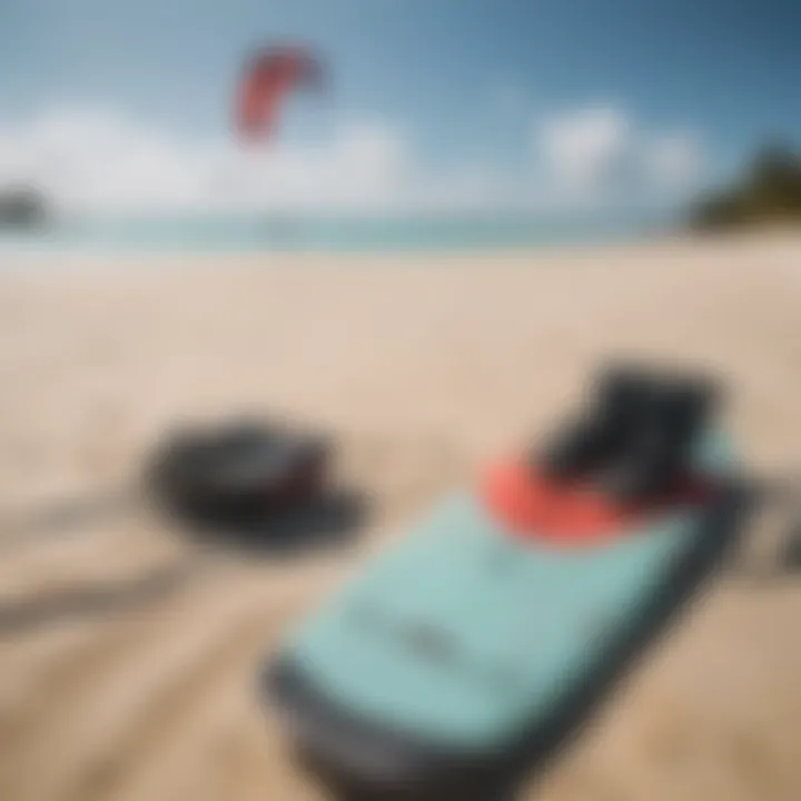 Essential kitesurfing equipment laid out on the sand