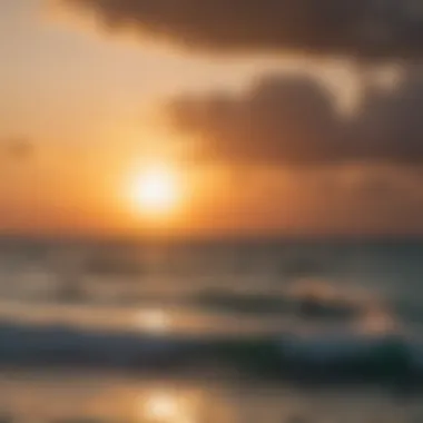 A stunning sunset view with kitesurfers silhouetted against the horizon