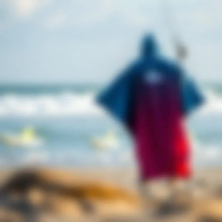 Showcasing the Quicksilver Poncho Design A vibrant quicksilver poncho displayed on a beach, showcasing its design