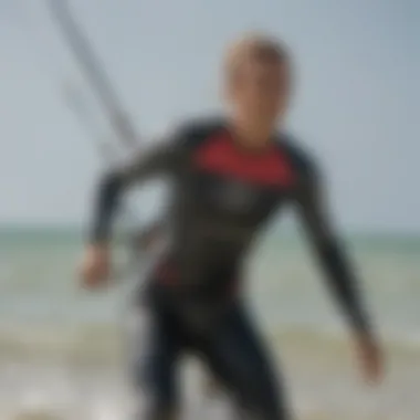 Instructor demonstrating kiteboarding techniques while wearing a rash guard