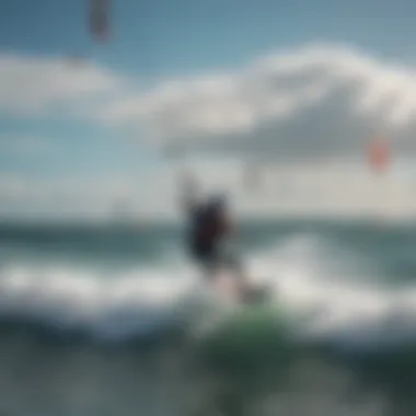 A dynamic scene of kiteboarders riding the waves with large kites above them