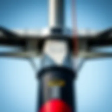 Close-up of the mast and fuselage connection on a hydrofoil setup