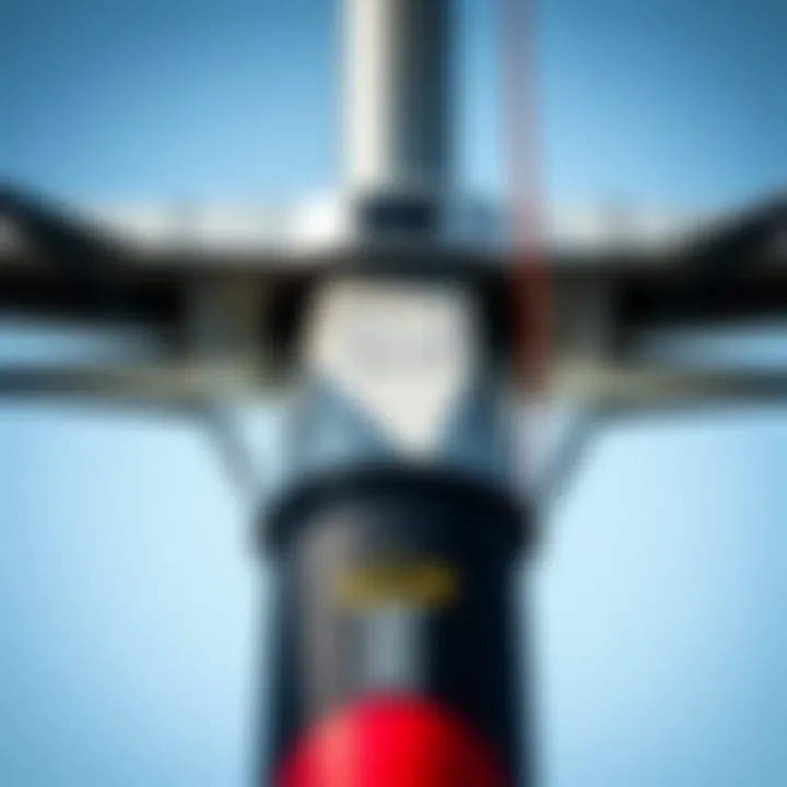 Close-up of the mast and fuselage connection on a hydrofoil setup