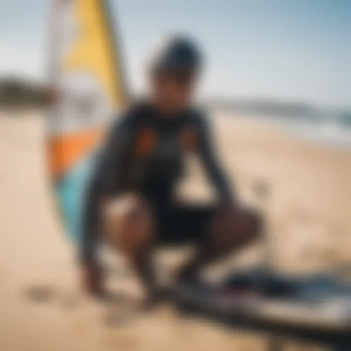 A kiteboarder evaluating different types of equipment on the beach.