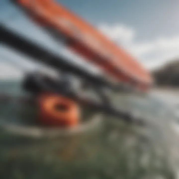 Close-up of essential kiteboarding gear elements like kites and boards.