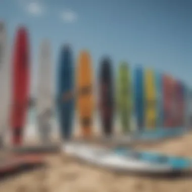 Different types of kiteboards laid out for comparison