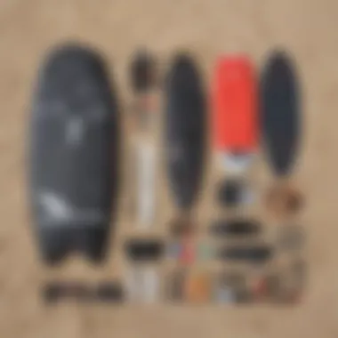 An array of kiteboarding gear laid out on the beach