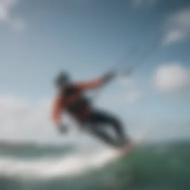 A kiteboarder wearing a survival dry suit in rough waters