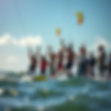 A group of kitesurfers celebrating after a competition