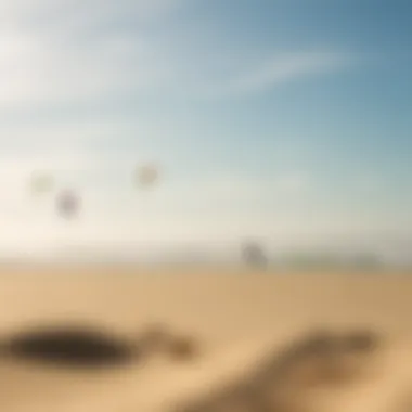 A serene beach scene with kitesurfers in the distance
