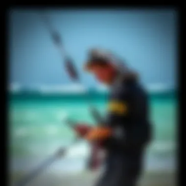 A kiteboarder checking a weather app before heading out