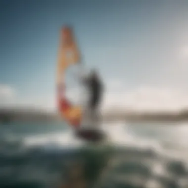 A kiteboarder gracefully maneuvering on water using wing sailing foils.