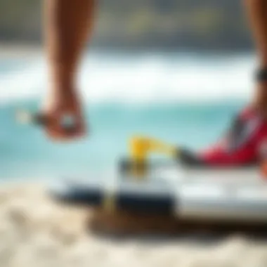 Examining the condition of a used kite board