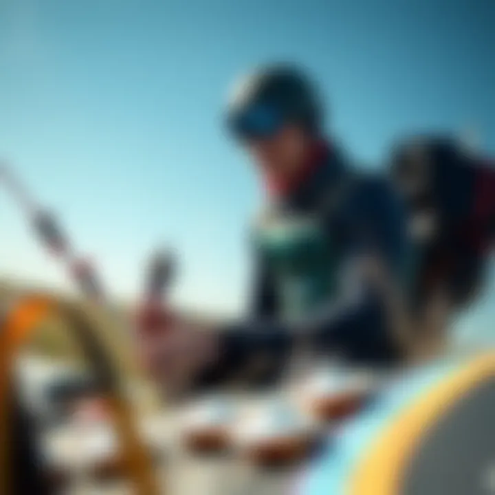 Prioritizing Safety: Essential Equipment Checks A kiteboarder checking equipment for safety before use.