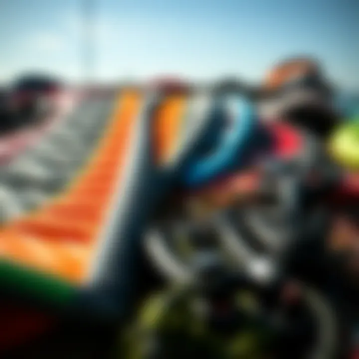 Diverse Options in Used Kite Equipment A selection of various used kites laid out for review.