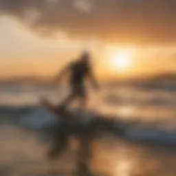 A kiteboarder navigating strong winds at sunset