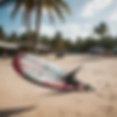 Kiteboarding equipment displayed at a rental shop in Watamu