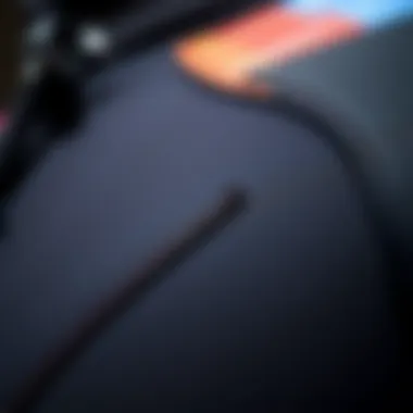 A close-up of a wetsuit showcasing its material and stitching