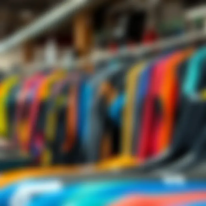 A colorful selection of wetsuits arranged for sale during a clearance event