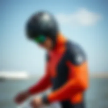 A kiteboarder assessing the fit of a wetsuit before purchase