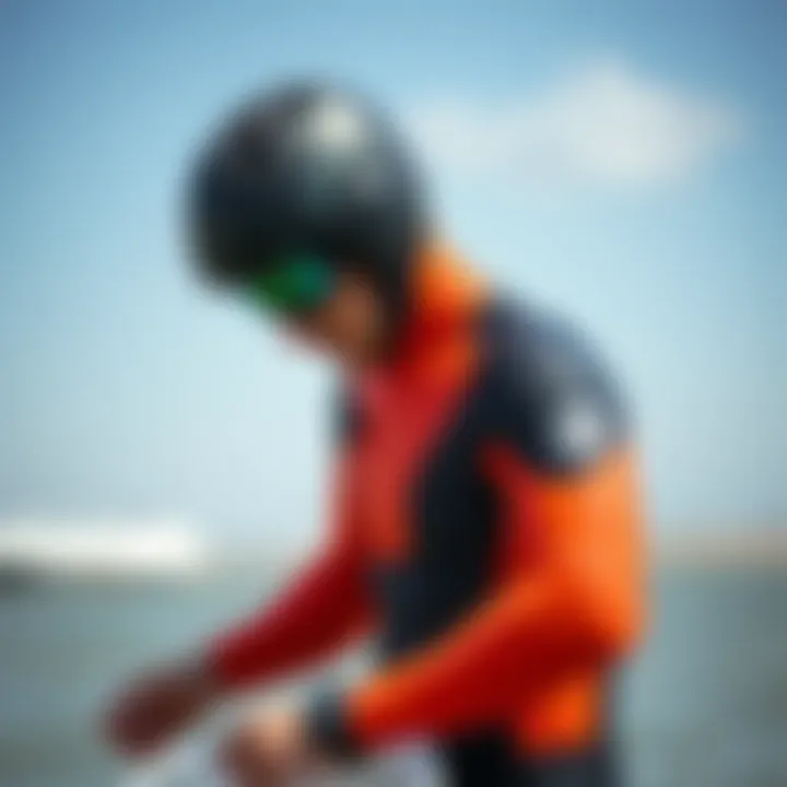 A kiteboarder assessing the fit of a wetsuit before purchase