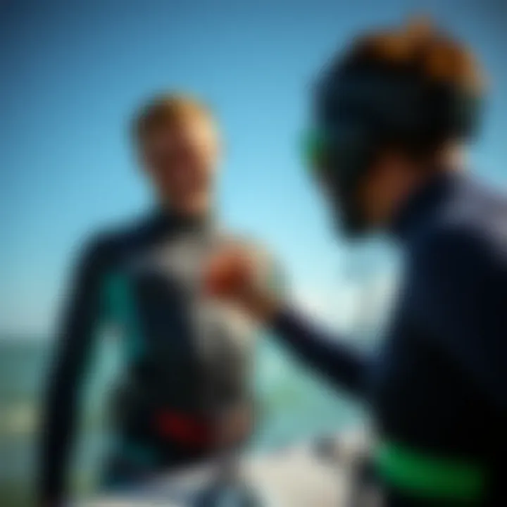 A kiteboarder trying on a wetsuit for proper fit