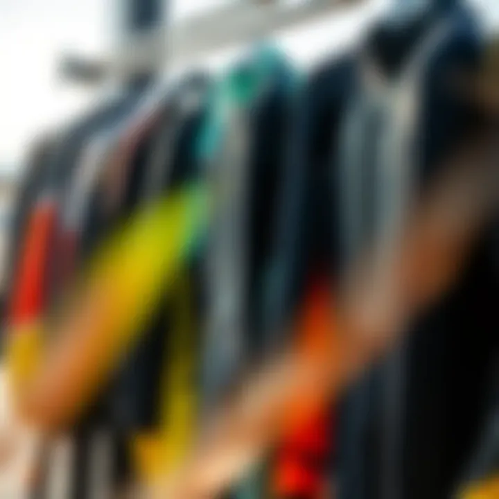 A selection of various wetsuit types displayed on a rack
