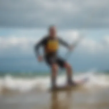 Kiteboarder navigating through strong winds on a Michigan beach